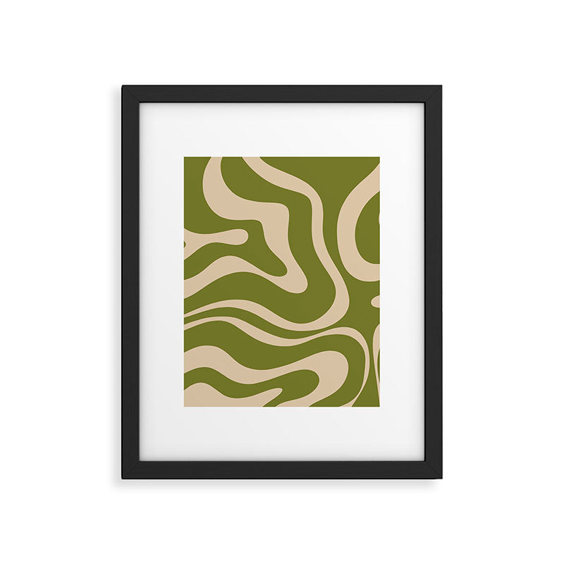 Retro Modern Liquid Swirl Abstract Pattern Square in Mid Mod Olive Green and Beige Framed Art Print Gallery Image 6
