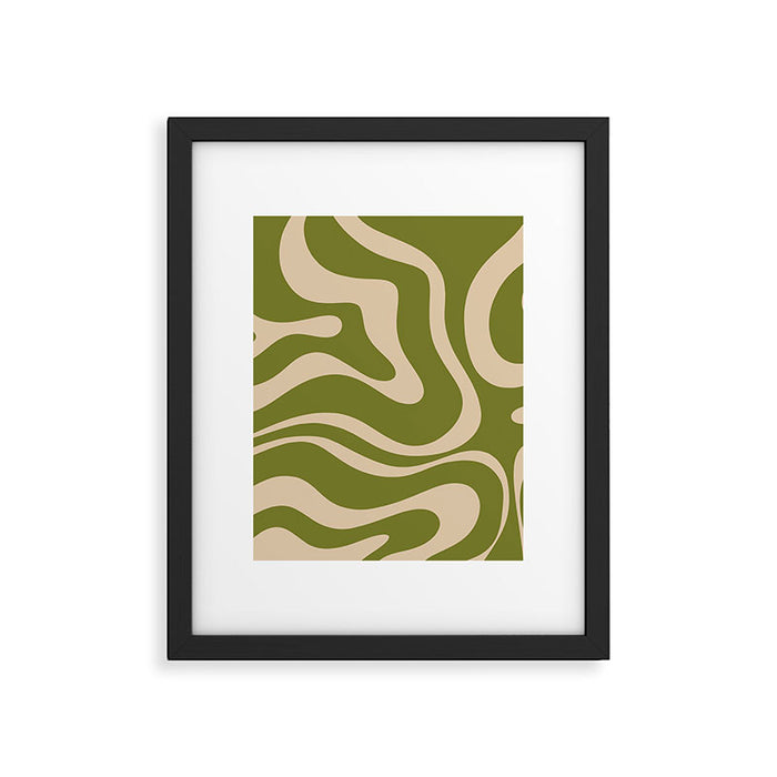 Retro Modern Liquid Swirl Abstract Pattern Square in Mid Mod Olive Green and Beige Framed Art Print Gallery Image 1