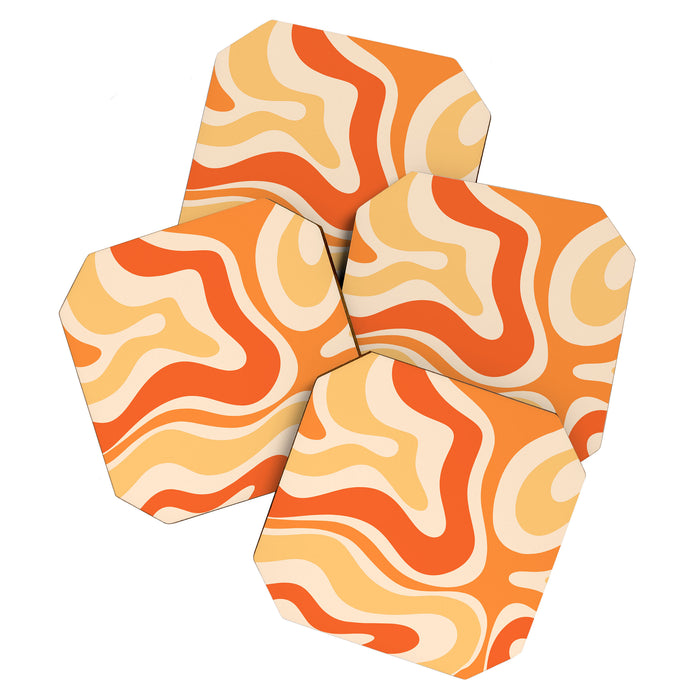 Retro Modern Liquid Swirl Abstract Pattern Square in Tangerine Orange Tones Coaster Gallery Image 1