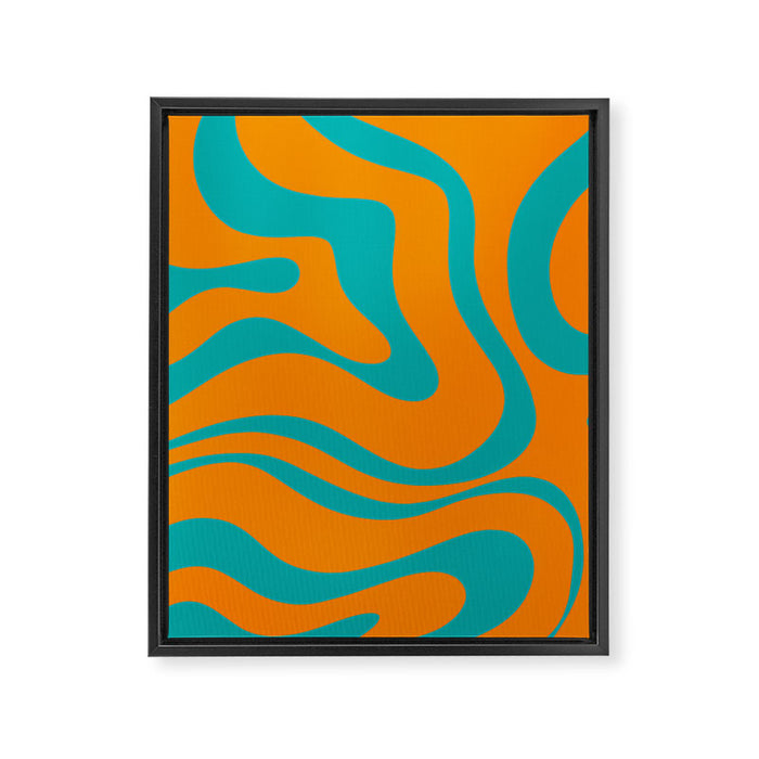 Retro Modern Liquid Swirl Abstract Pattern Square in Turquoise and Orange Framed Canvas Print Gallery Image 1