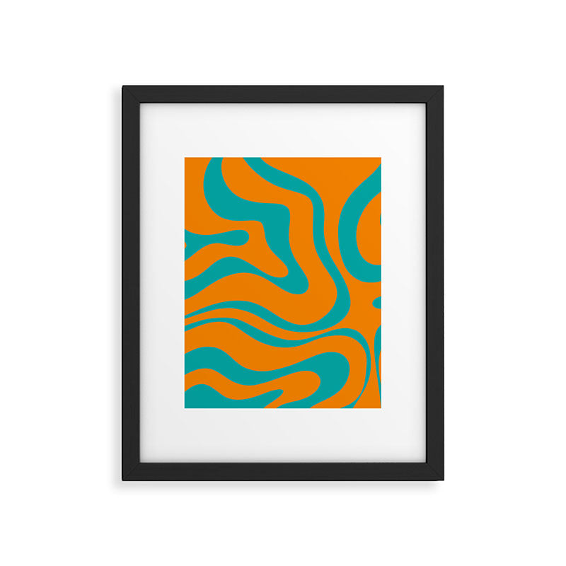 Retro Modern Liquid Swirl Abstract Pattern Square in Turquoise and Orange Framed Art Print Gallery Image 6