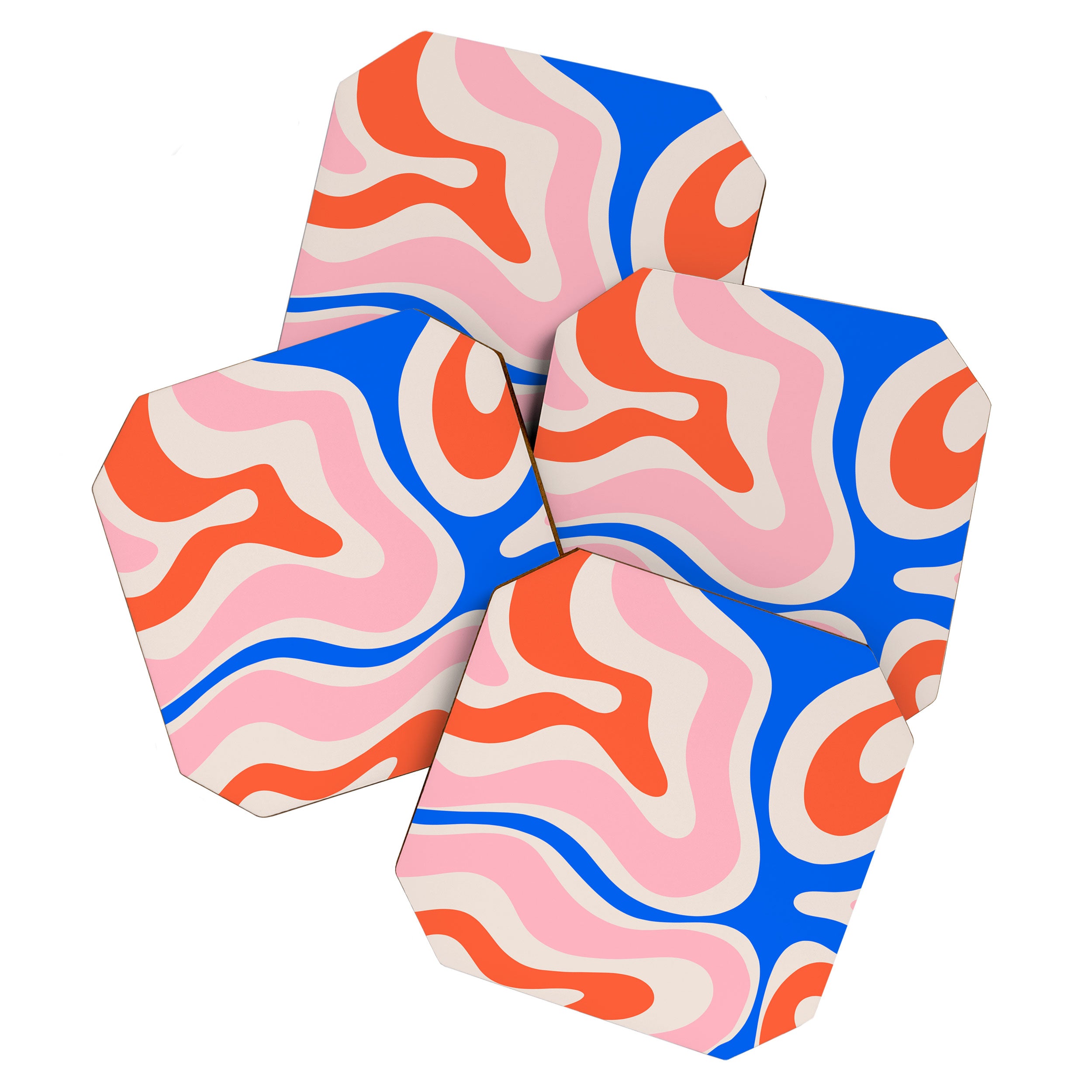 Retro Modern Liquid Swirl Abstract Pattern Square Pink, Orange, and Royal Blue Coaster Gallery Image 1