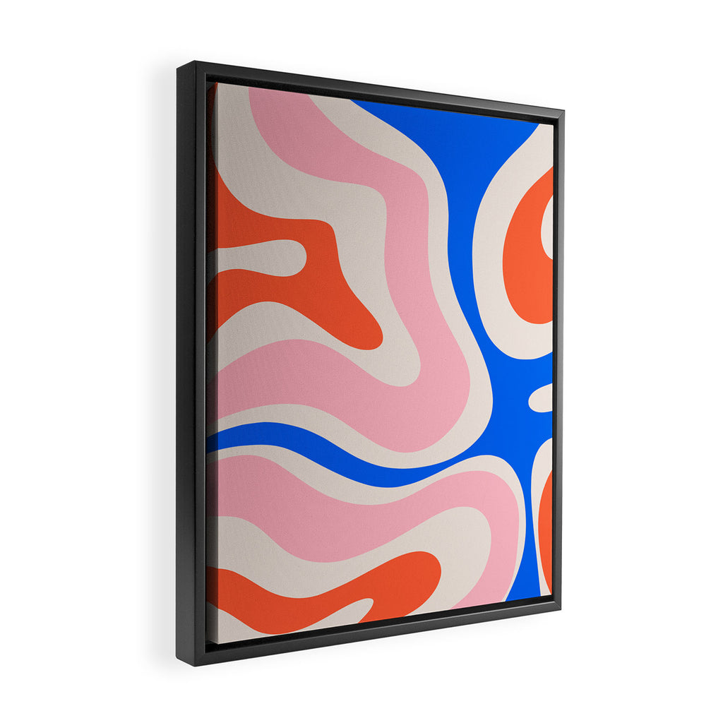 Retro Modern Liquid Swirl Abstract Pattern Square Pink, Orange, and Royal Blue Framed Canvas Print Gallery Image 2