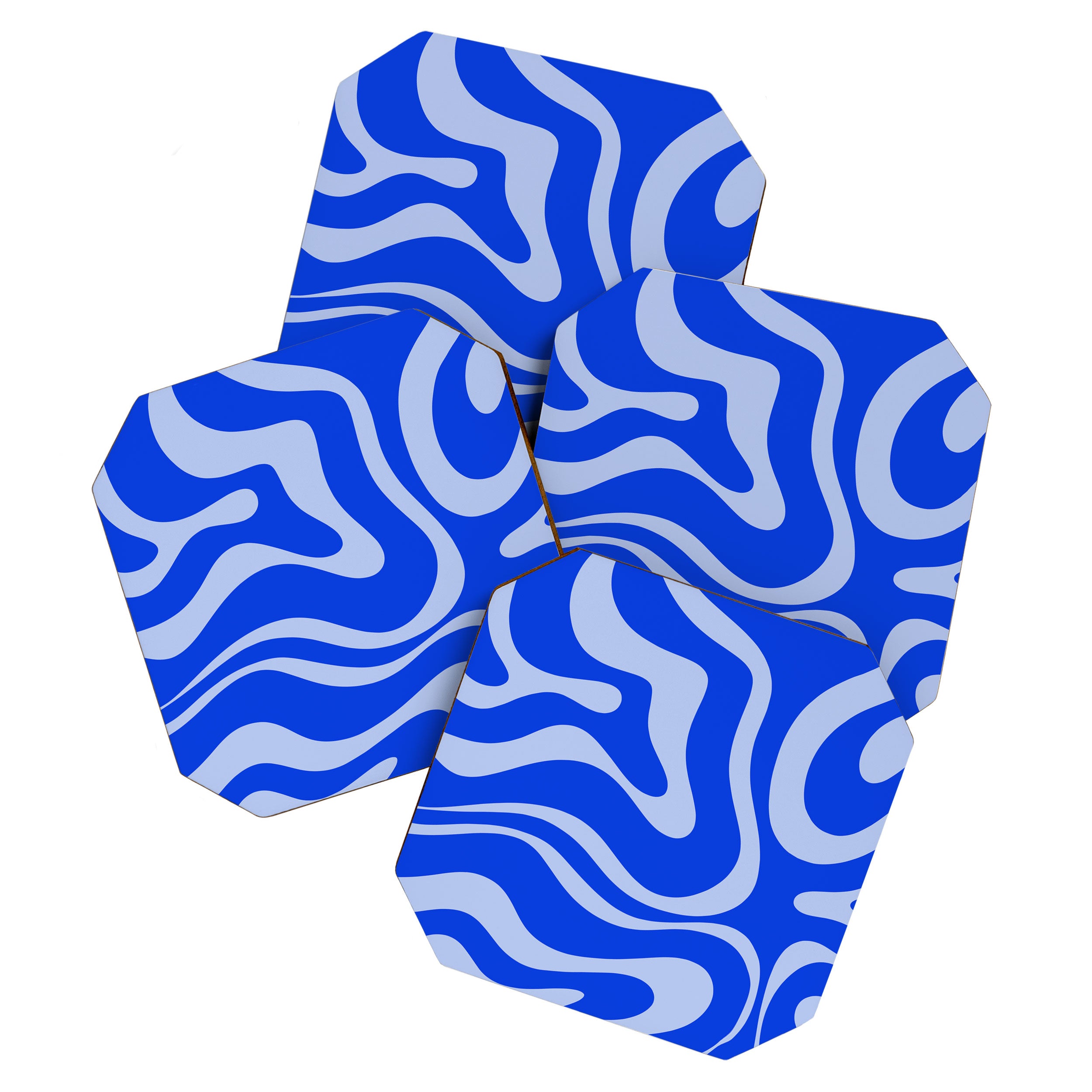Retro Modern Liquid Swirl Abstract Pattern Square Royal Blue and Light Blue Coaster Gallery Image 1