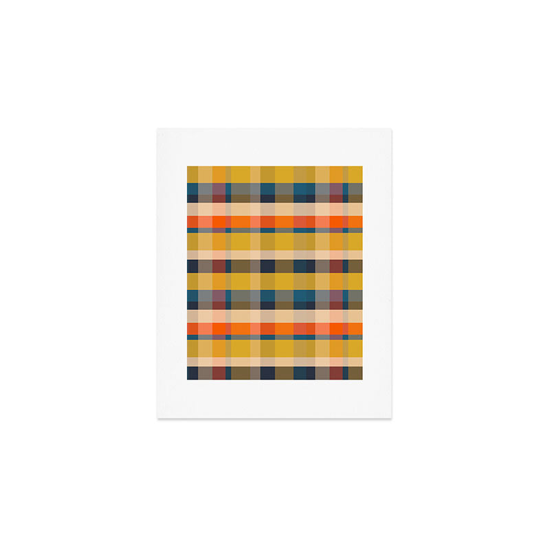 Retro Modern Plaid Pattern Orange Mustard Yellow Blue Art Print Gallery Image 1
