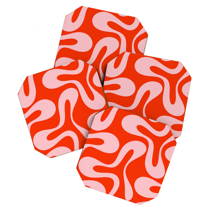 Retro Modern Soft Curves Abstract Contemporary Pattern in Bold Red-Orange and Pink Coaster Gallery Image 1