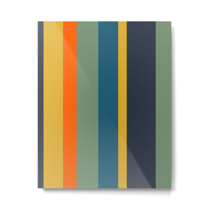 Retro Modern Vertical Stripe Pattern Blue Sage Orange Mustard Metal Print Gallery Image 1