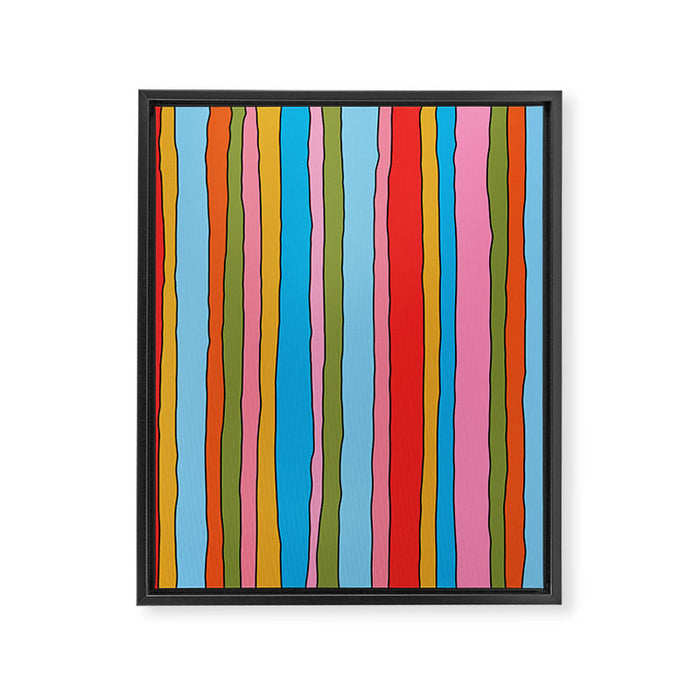 Retro Mood Lined Stripe Pattern Blue Orange Green Pink Mustard Framed Canvas Print Gallery Image 1