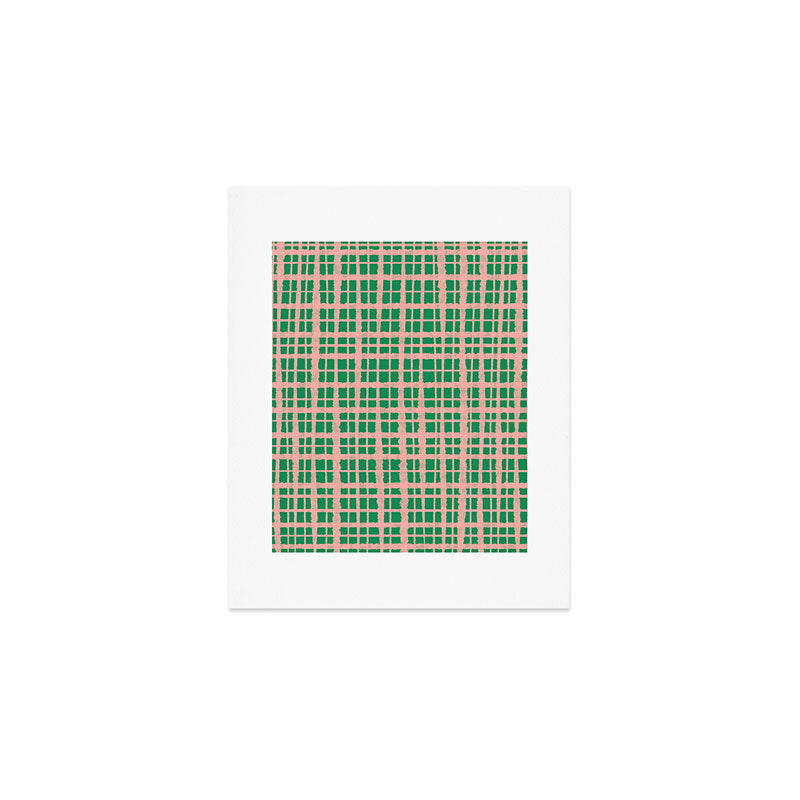 Retro Picnic Plaid Painted Pattern in Bright Green and Pink Art Print Gallery Image 1