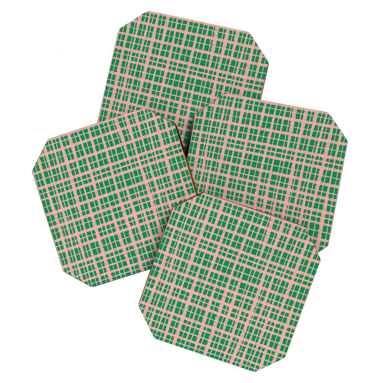 Retro Picnic Plaid Painted Pattern in Bright Green and Pink Coaster Gallery Image 1
