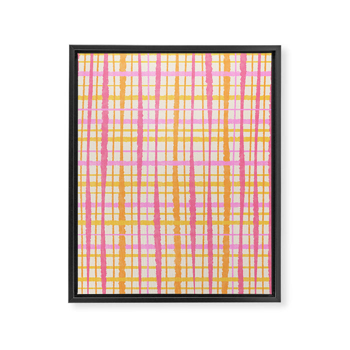 Retro Picnic Plaid Painted Stripe Pattern Pink Yellow Cream Framed Canvas Print Gallery Image 1