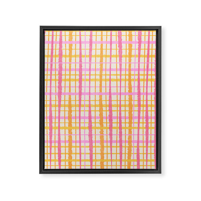 Retro Picnic Plaid Painted Stripe Pattern Pink Yellow Cream Framed Canvas Print Gallery Image 8
