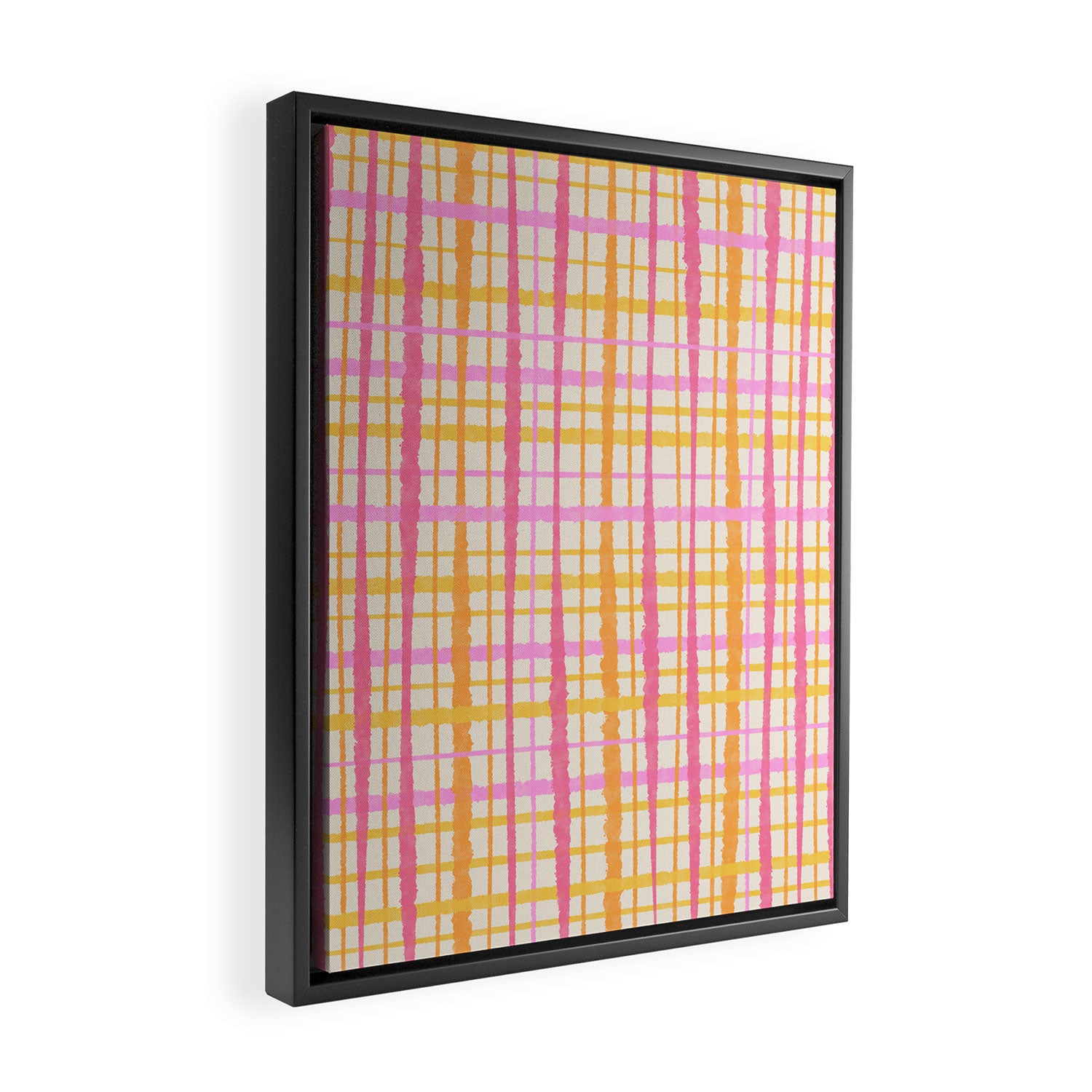 Retro Picnic Plaid Painted Stripe Pattern Pink Yellow Cream Framed Canvas Print Gallery Image 2