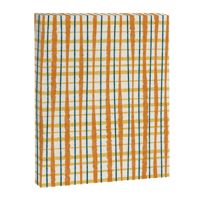 Retro Picnic Plaid Stripes - Watercolor Striped Pattern in Ochre, Mustard, Blue, and Cream Canvas Print Gallery Image 1