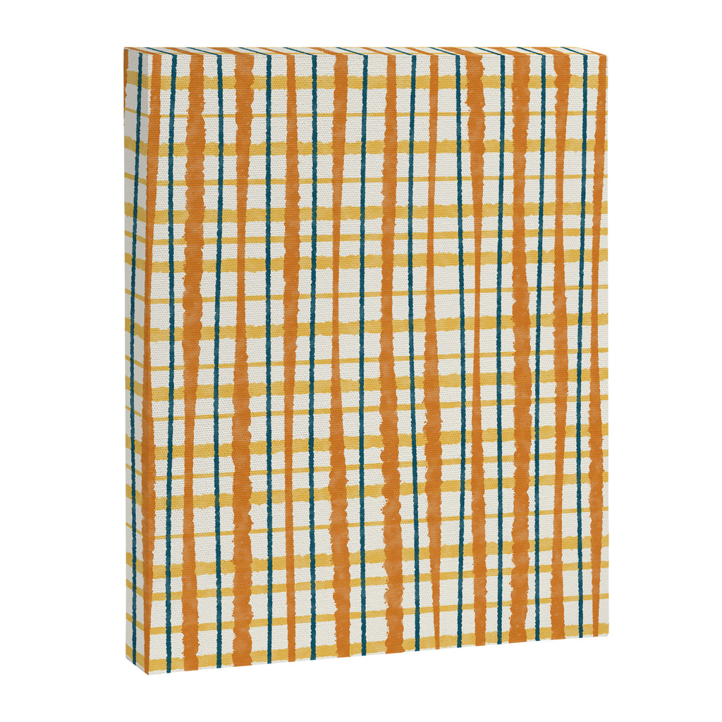 Retro Picnic Plaid Stripes - Watercolor Striped Pattern in Ochre, Mustard, Blue, and Cream Canvas Print Gallery Image 8
