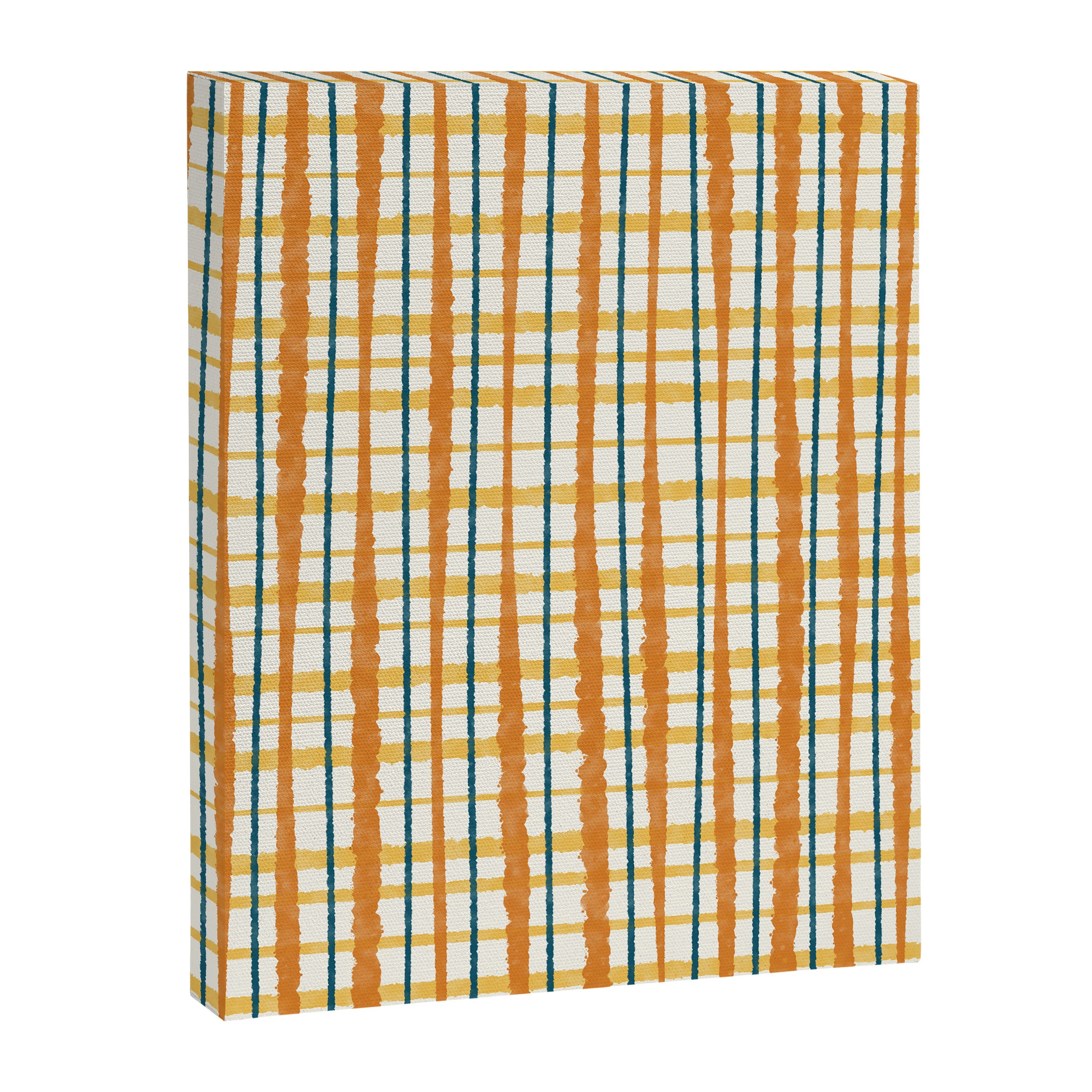 Retro Picnic Plaid Stripes - Watercolor Striped Pattern in Ochre, Mustard, Blue, and Cream Canvas Print Gallery Image 8