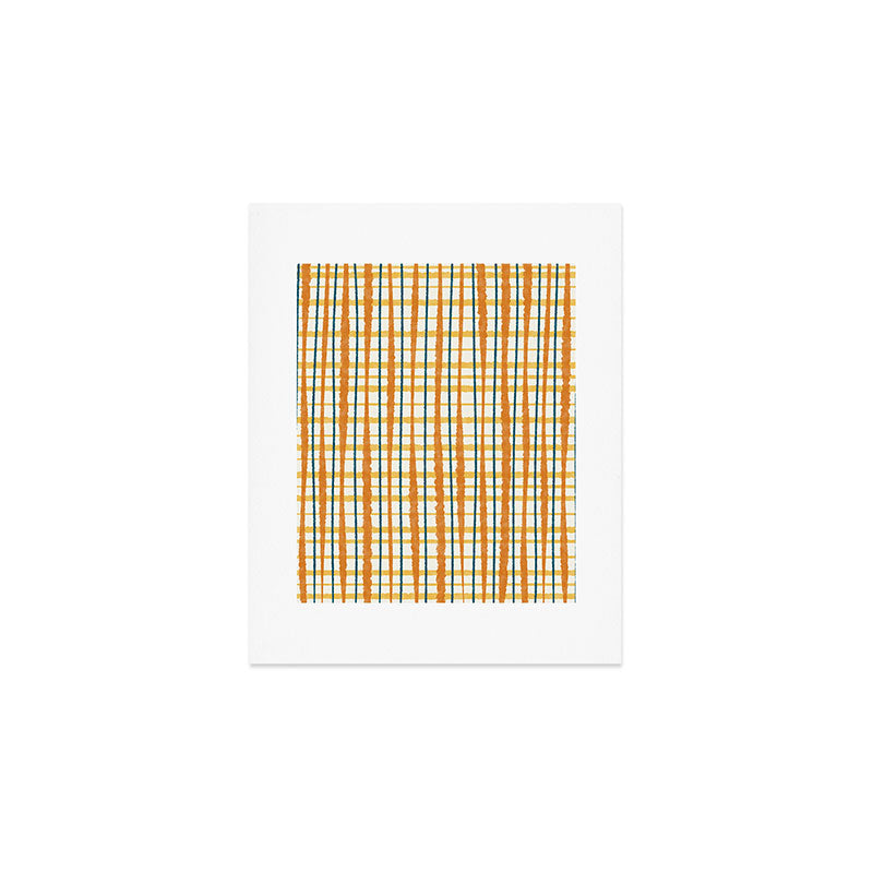 Retro Picnic Plaid Stripes - Watercolor Striped Pattern in Ochre, Mustard, Blue, and Cream Art Print Gallery Image 1