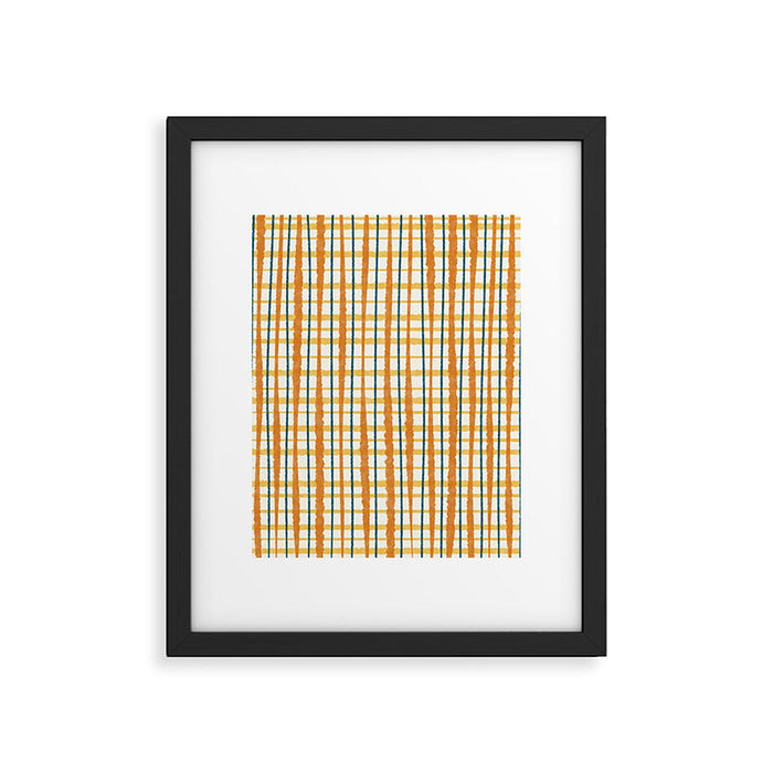 Retro Picnic Plaid Stripes - Watercolor Striped Pattern in Ochre, Mustard, Blue, and Cream Framed Art Print Gallery Image 1