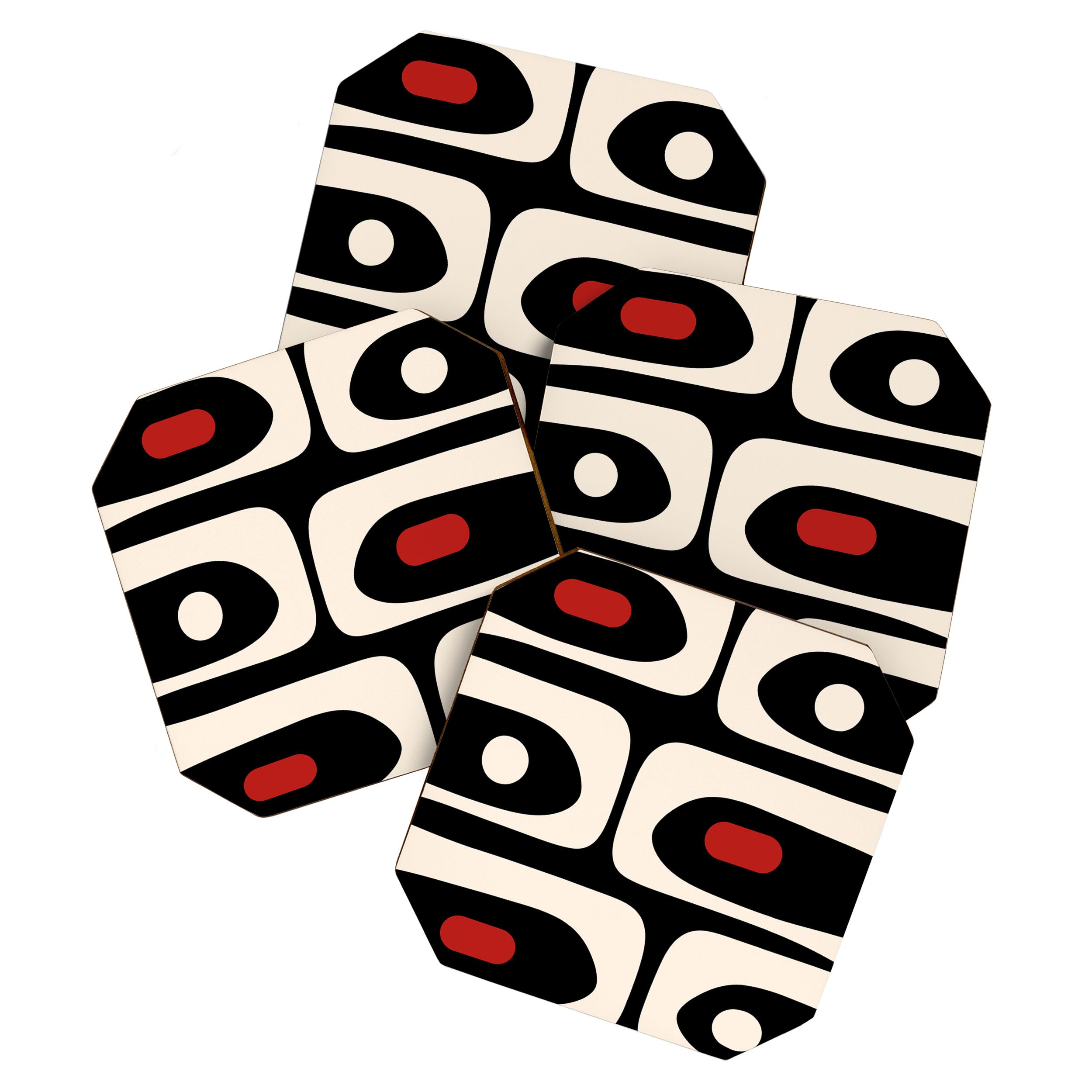 Retro Piquet Mid Century Modern Abstract Pattern in Black, Red, and Almond Cream Coaster Gallery Image 1