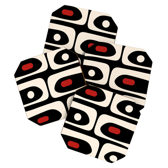 Retro Piquet Mid Century Modern Abstract Pattern in Black, Red, and Almond Cream Coaster Gallery Image 1