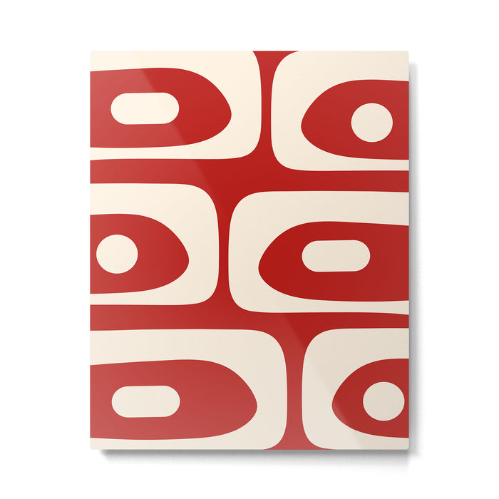 Retro Piquet Mid Century Modern Abstract Pattern in Red and Almond Cream Metal Print Gallery Image 1