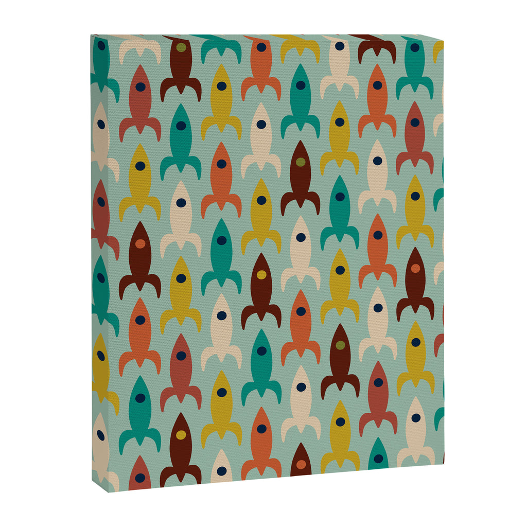 Retro Rockets - Midcentury Modern Atomic Age Aerospace Pattern in Teal, Orange, Mustard, and Celadon Canvas Print Gallery Image 8