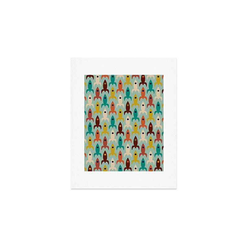 Retro Rockets - Midcentury Modern Atomic Age Aerospace Pattern in Teal, Orange, Mustard, and Celadon Art Print Gallery Image 1