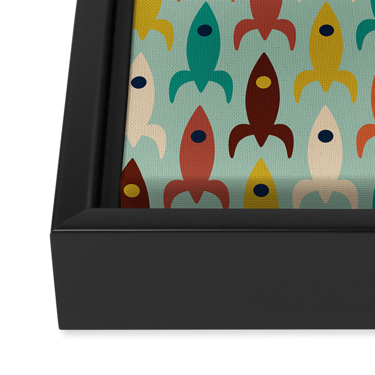 Retro Rockets - Midcentury Modern Atomic Age Aerospace Pattern in Teal, Orange, Mustard, and Celadon Framed Canvas Print Gallery Image 3