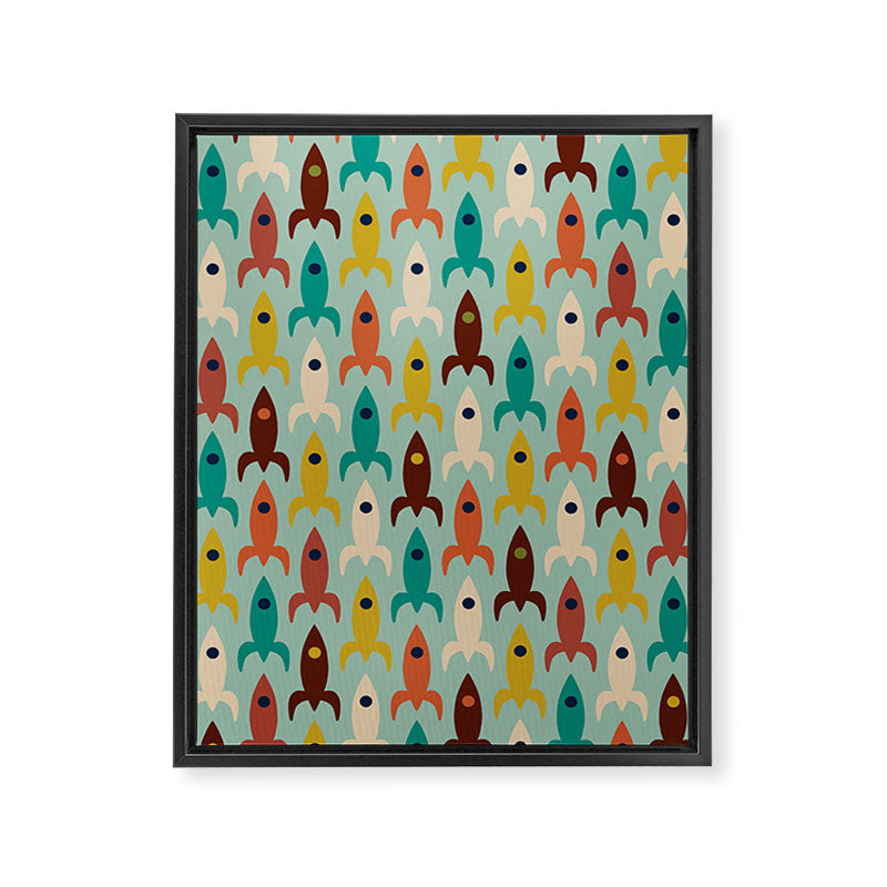 Retro Rockets - Midcentury Modern Atomic Age Aerospace Pattern in Teal, Orange, Mustard, and Celadon Framed Canvas Print Gallery Image 8