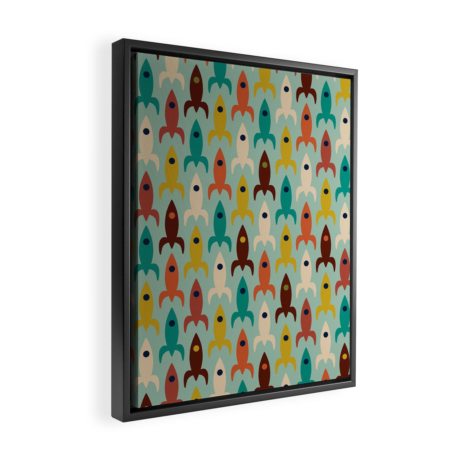 Retro Rockets - Midcentury Modern Atomic Age Aerospace Pattern in Teal, Orange, Mustard, and Celadon Framed Canvas Print Gallery Image 2