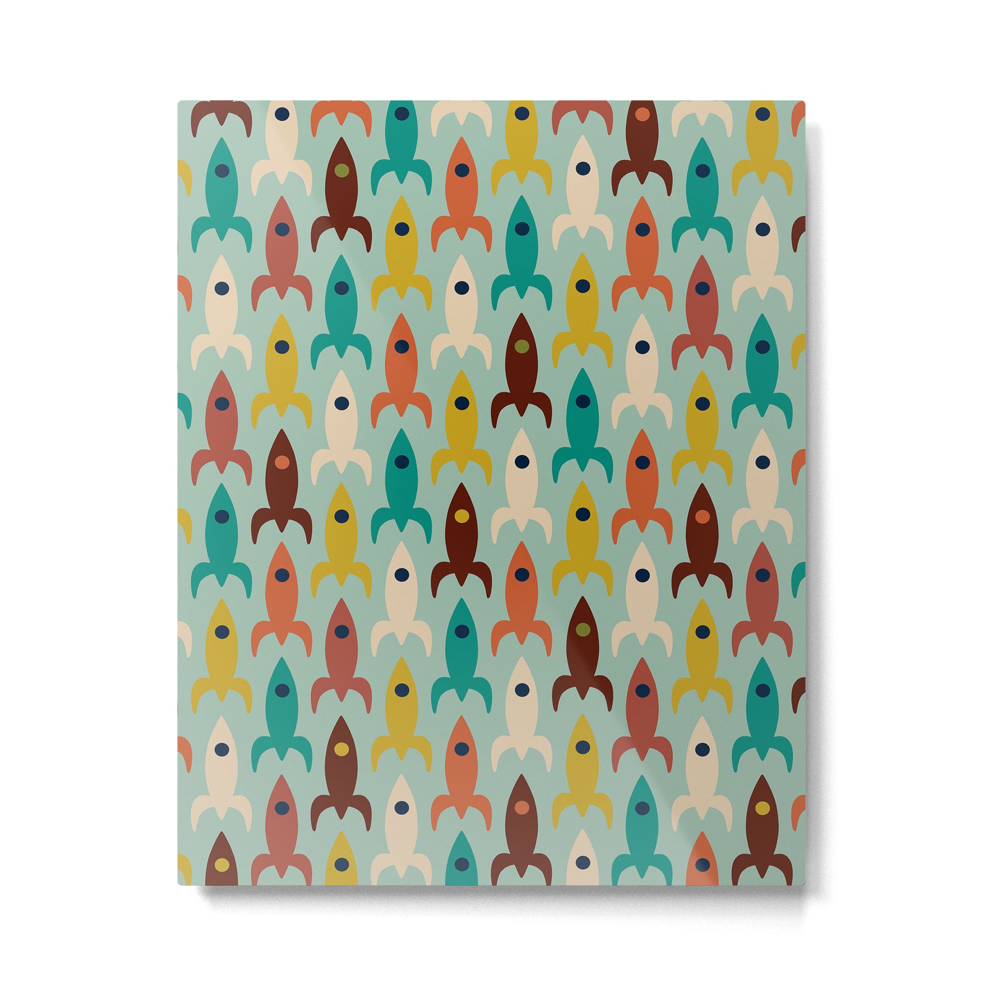 Retro Rockets - Midcentury Modern Atomic Age Aerospace Pattern in Teal, Orange, Mustard, and Celadon Metal Print Gallery Image 6