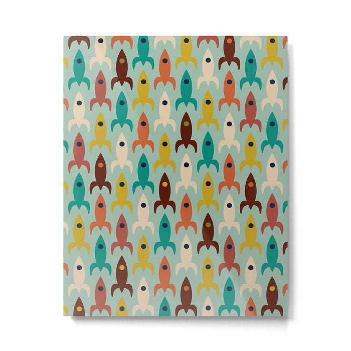 Retro Rockets - Midcentury Modern Atomic Age Aerospace Pattern in Teal, Orange, Mustard, and Celadon Metal Print Gallery Image 1