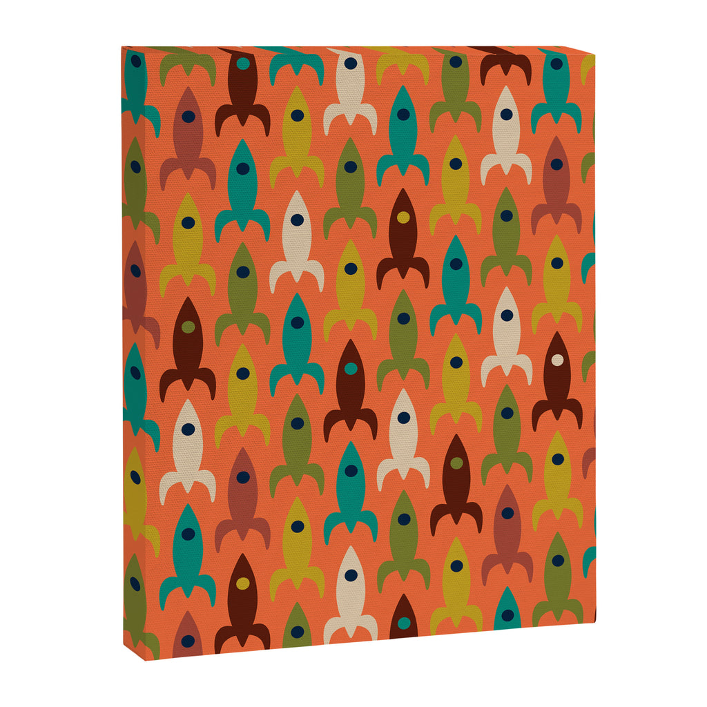 Retro Rockets - Midcentury Modern Rocket Pattern in Mid Mod Teal, Red, Olive, Mustard, and Beige on Bright Orange Canvas Print Gallery Image 8