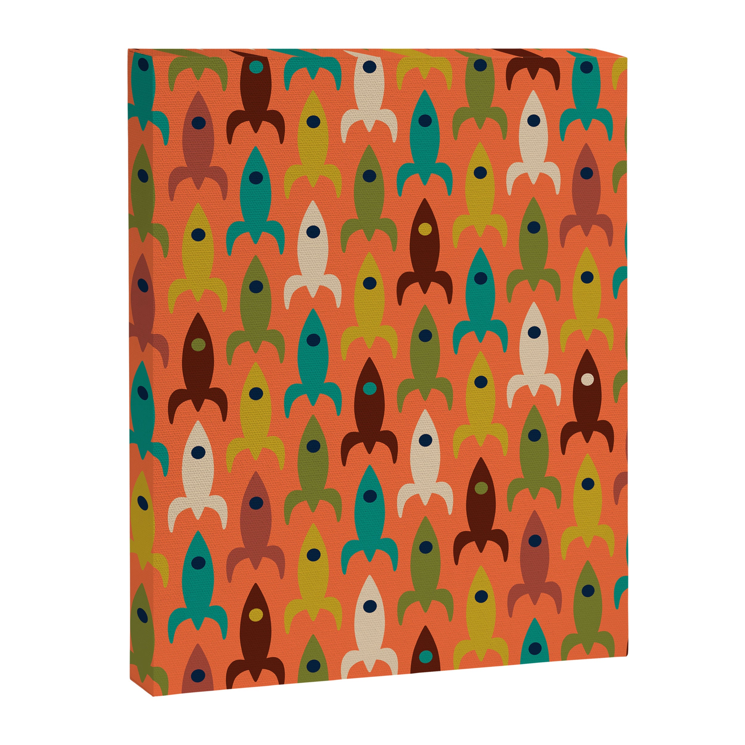 Retro Rockets - Midcentury Modern Rocket Pattern in Mid Mod Teal, Red, Olive, Mustard, and Beige on Bright Orange Canvas Print Gallery Image 8