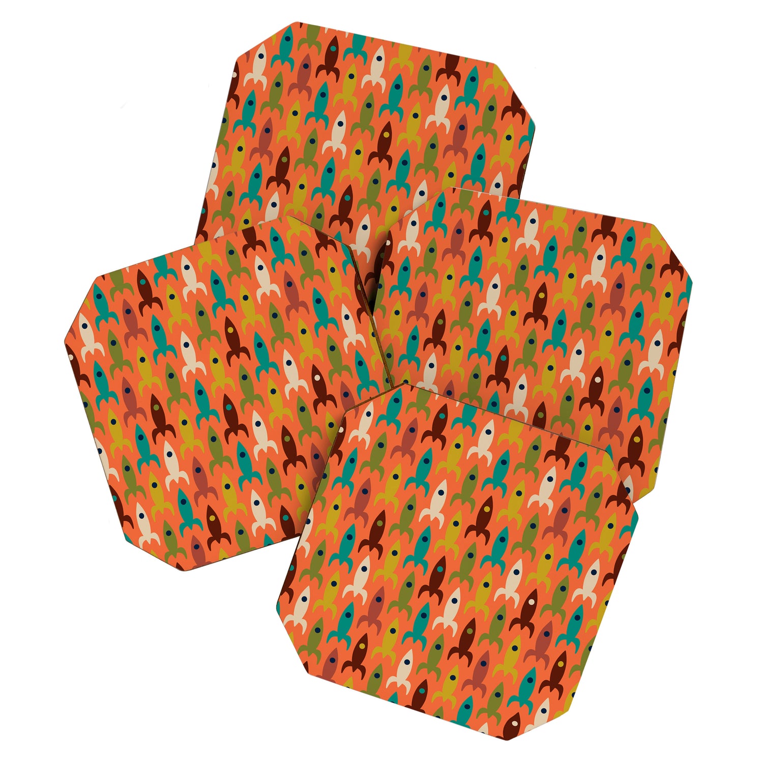 Retro Rockets - Midcentury Modern Rocket Pattern in Mid Mod Teal, Red, Olive, Mustard, and Beige on Bright Orange Coaster Gallery Image 1