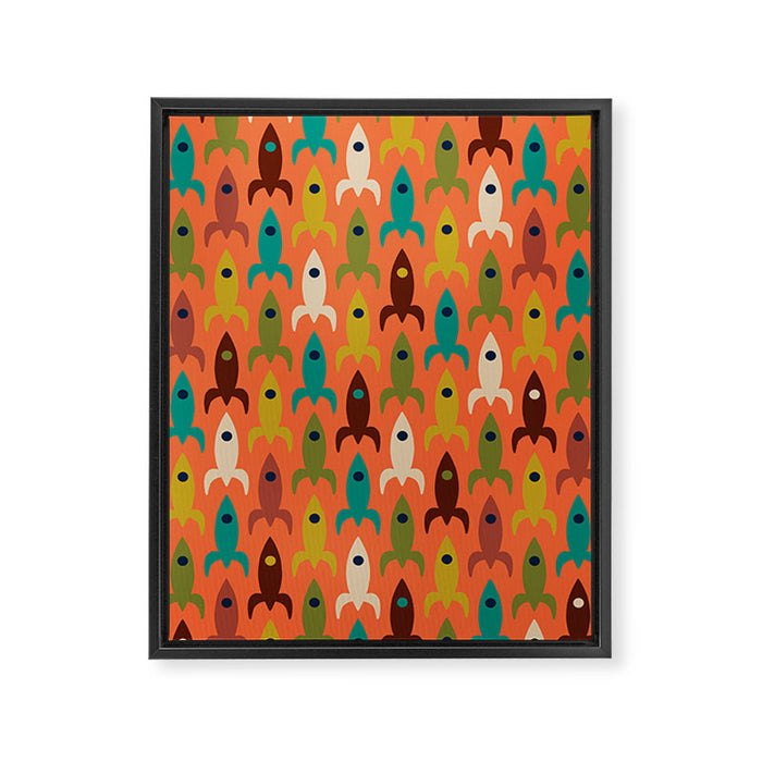 Retro Rockets - Midcentury Modern Rocket Pattern in Mid Mod Teal, Red, Olive, Mustard, and Beige on Bright Orange Framed Canvas Print Gallery Image 1