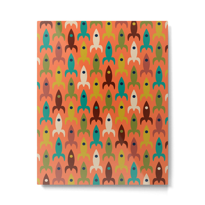 Retro Rockets - Midcentury Modern Rocket Pattern in Mid Mod Teal, Red, Olive, Mustard, and Beige on Bright Orange Metal Print Gallery Image 1