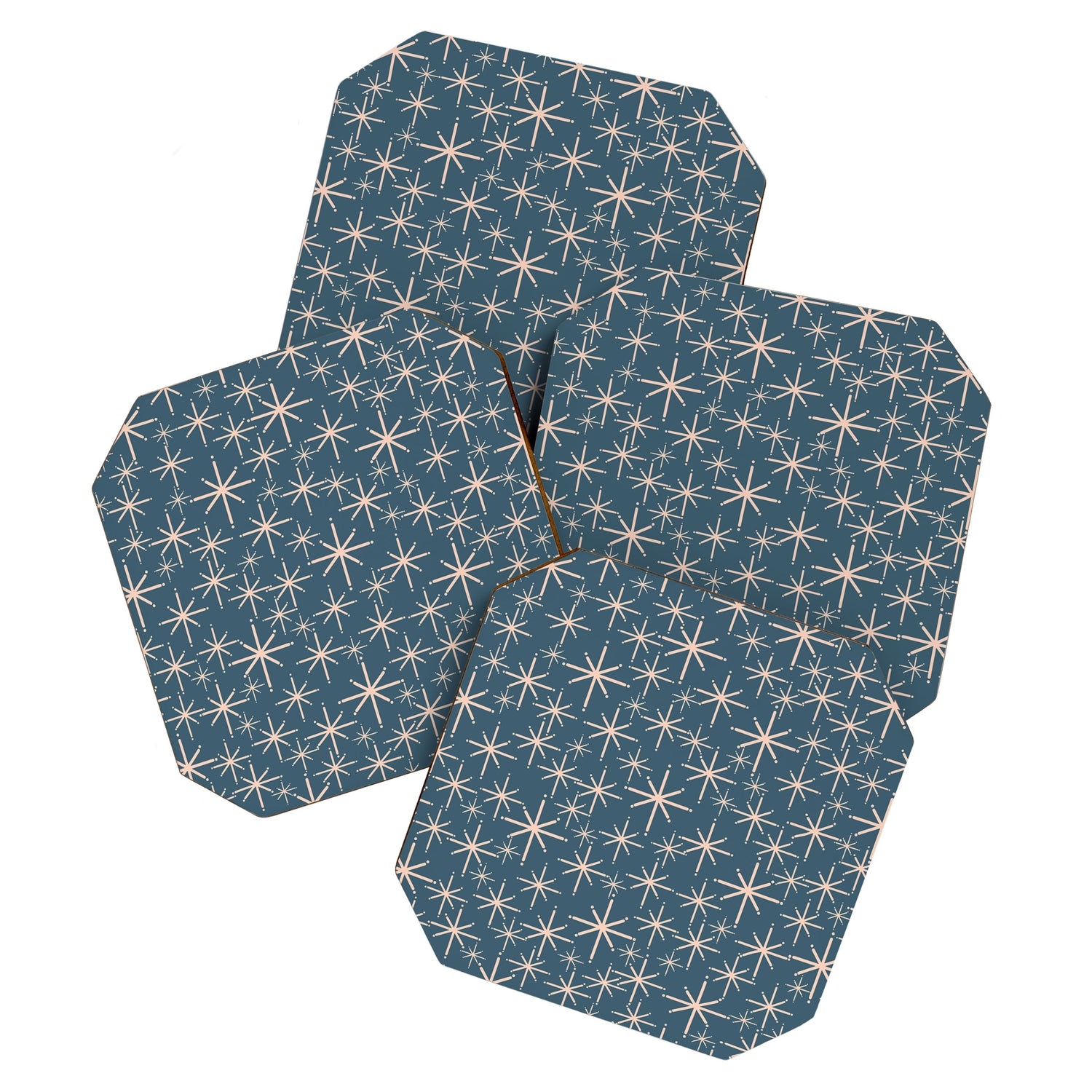 Retro Space - Midcentury Modern Starburst Pattern in Pale Blush and Deep Teal Coaster Gallery Image 1