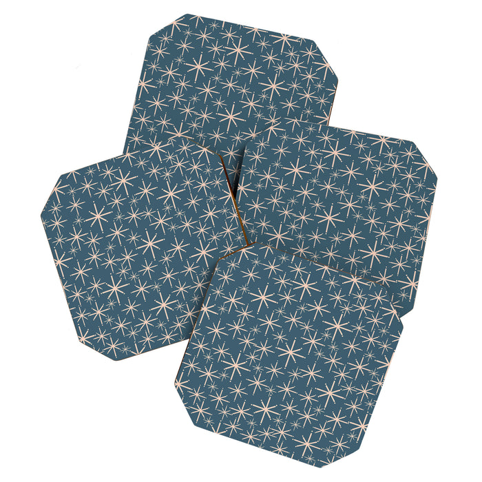 Retro Space - Midcentury Modern Starburst Pattern in Pale Blush and Deep Teal Coaster Gallery Image 1