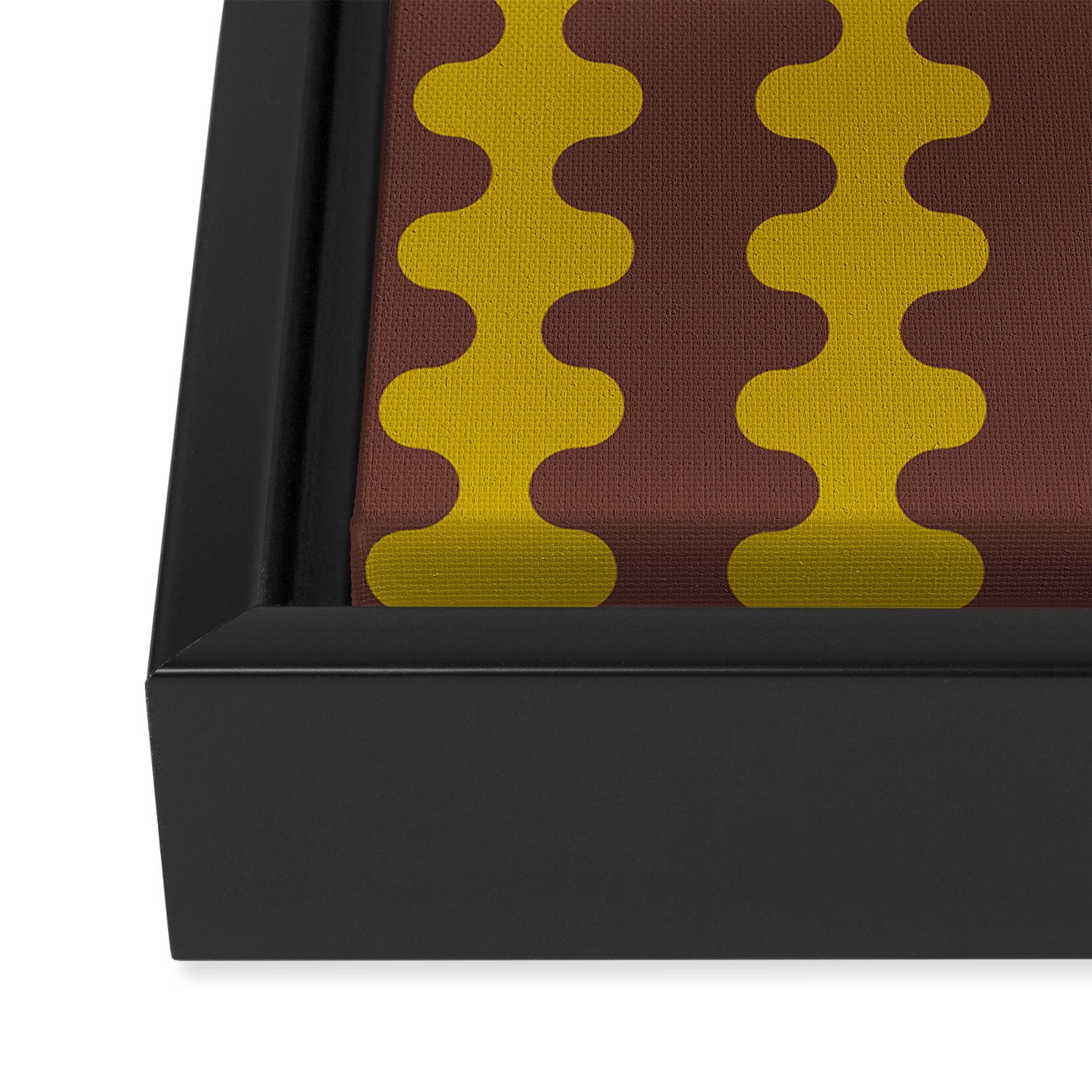 Retro Stripes Wavy Ogee A-Go-Go Vertical Pattern in Dark Brown and Chartreuse Olive Yellow Framed Canvas Print Gallery Image 3