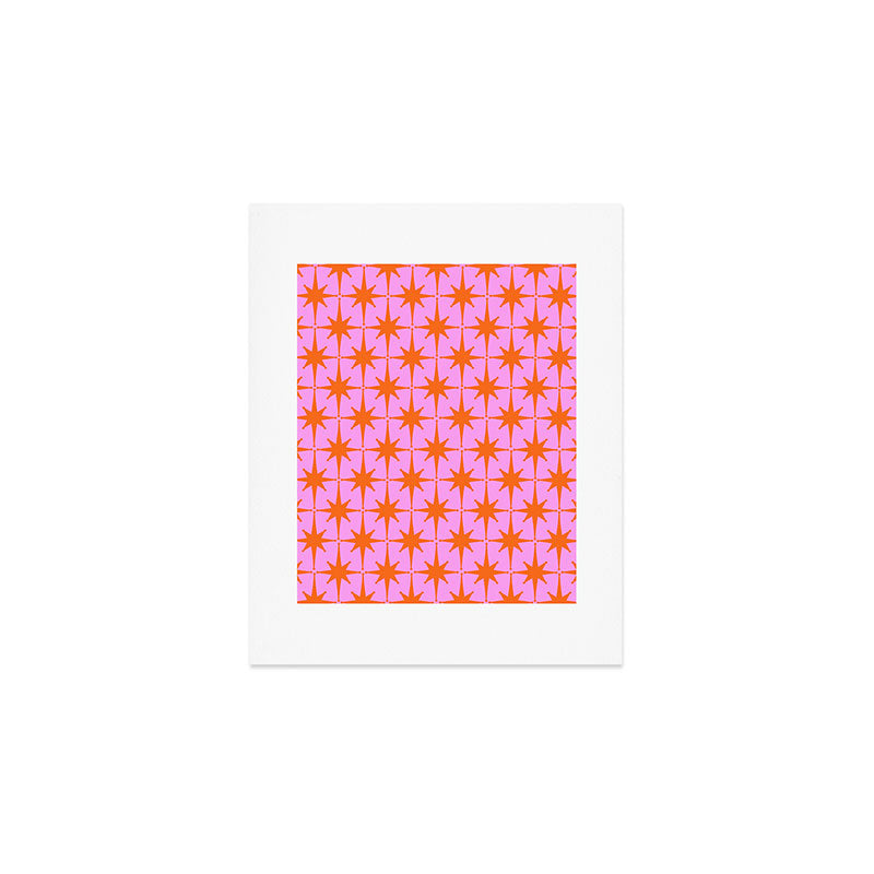 Retro Vintage 50s Starbursts Pattern in Orange and Bright Pink Art Print Gallery Image 1