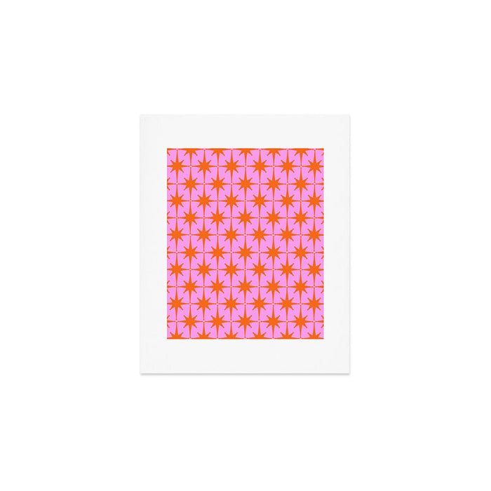 Retro Vintage 50s Starbursts Pattern in Orange and Bright Pink Art Print Gallery Image 1
