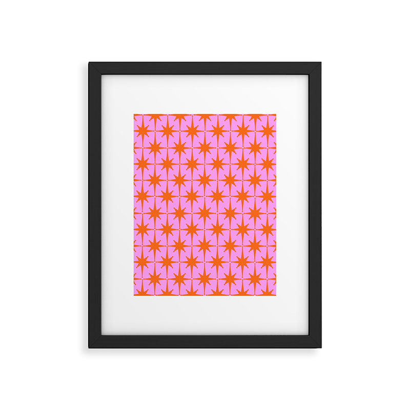 Retro Vintage 50s Starbursts Pattern in Orange and Bright Pink Framed Art Print Gallery Image 5