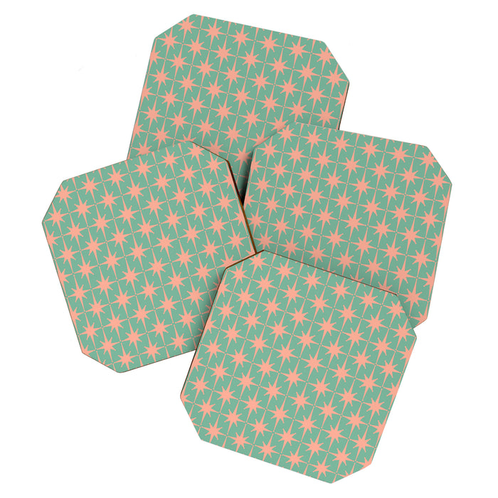 Retro Vintage Atomic Age 50s Star Pattern in Pink and Mint Teal Coaster Gallery Image 1
