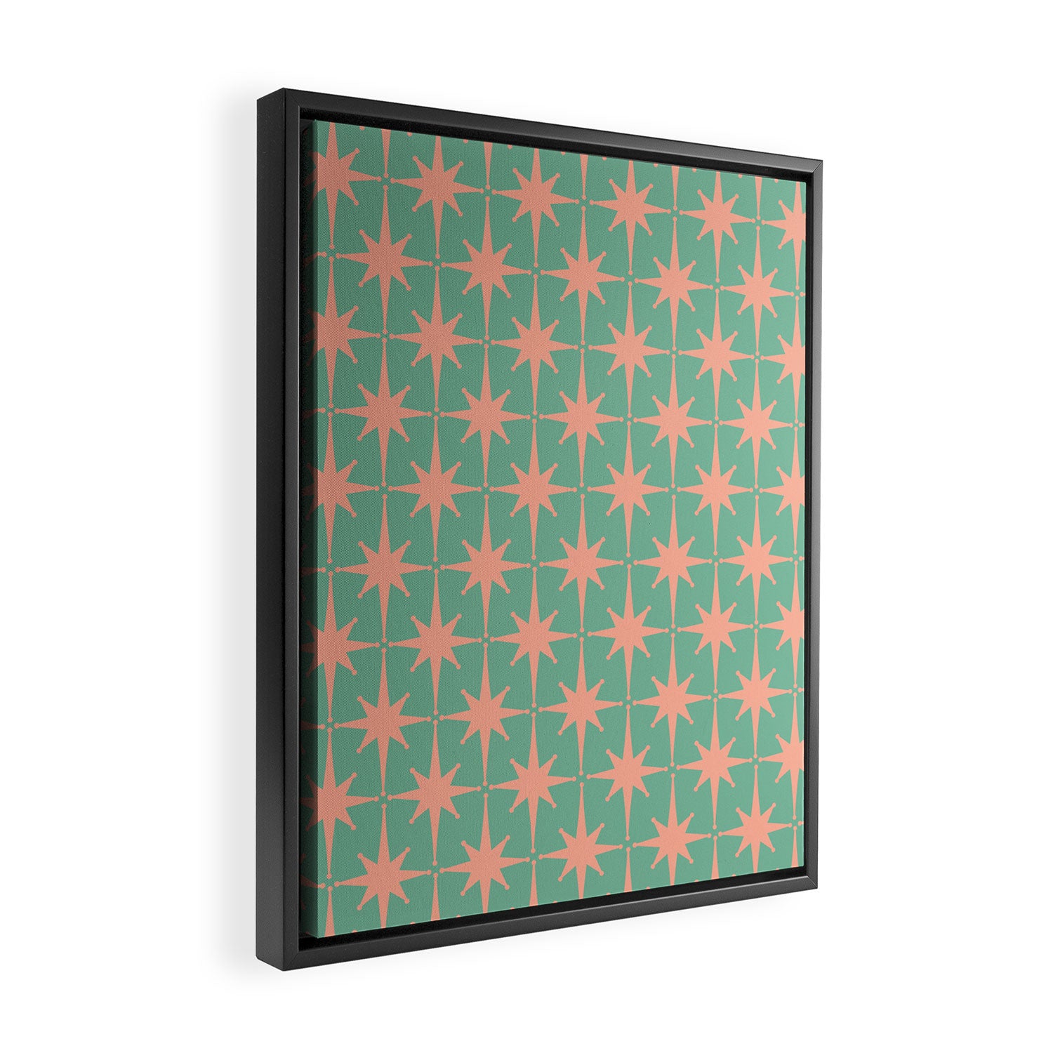 Retro Vintage Atomic Age 50s Star Pattern in Pink and Mint Teal Framed Canvas Print Gallery Image 2