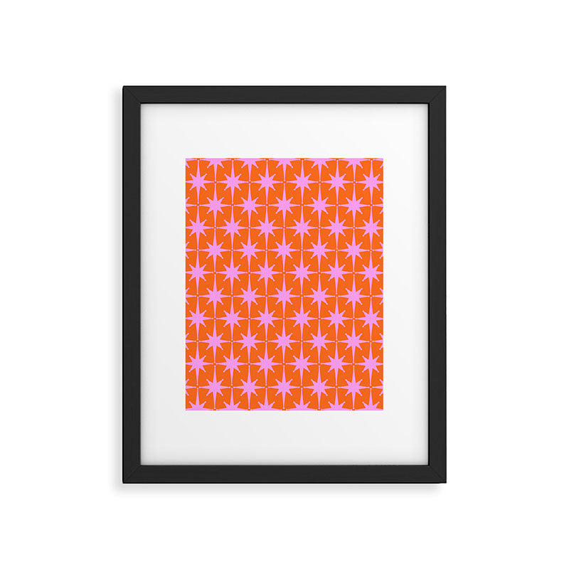 Retro Vintage Starbursts Pattern in Bright Pink Lavender and Orange Framed Art Print Gallery Image 5
