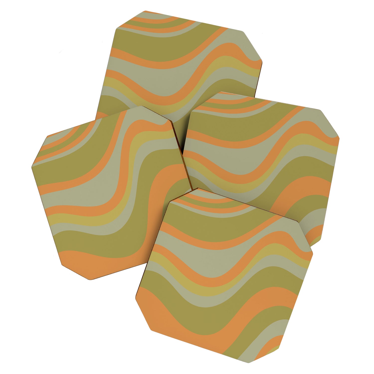 Retro Waves Abstract Pattern Celadon Green Orange Coaster Gallery Image 1