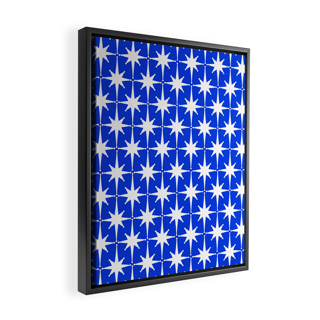 Royal Blue Mid Century Modern Atomic Age Starburst Stars Pattern Framed Canvas Print Gallery Image 2