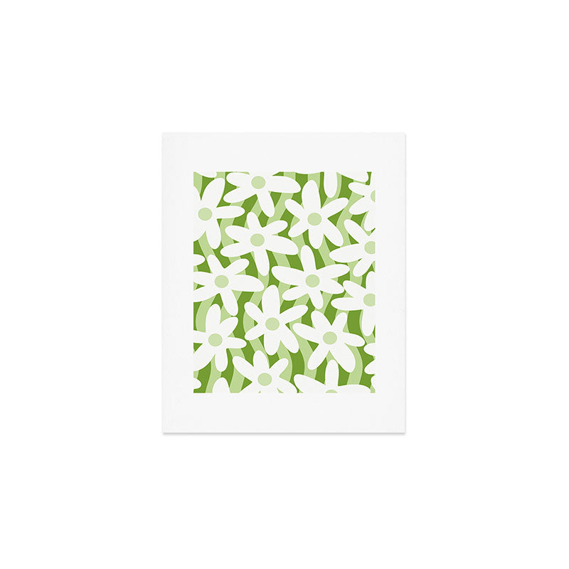 Sage and Olive Green Trippy Wavy Striped Flower Pattern Art Print Gallery Image 1