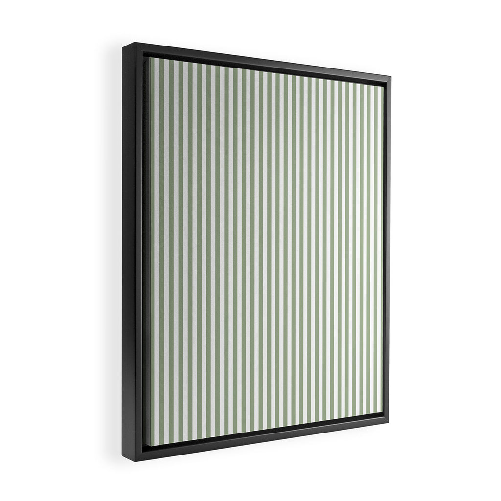 Sage Green and White Classic Narrow Stripe Pattern Vertical Framed Canvas Print Gallery Image 2